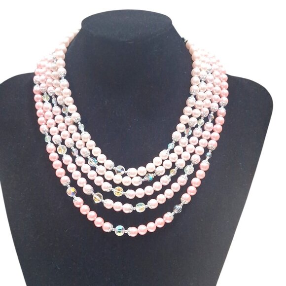 Japan Jewelry - Vintage Japan 5 Strand Multi Pink Ombre Faux Pearl AB Crystal Necklace 15-18"